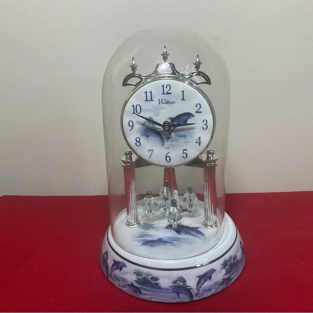 Waltham Dolphin Anniversary Clock Under Glass Dome Spinning Pendulum Working